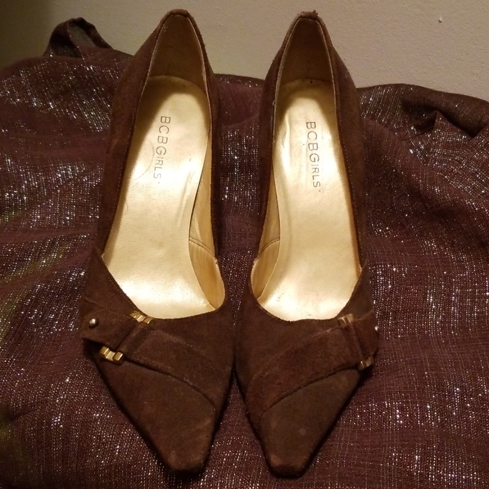 Brown suede with gold buckle heels